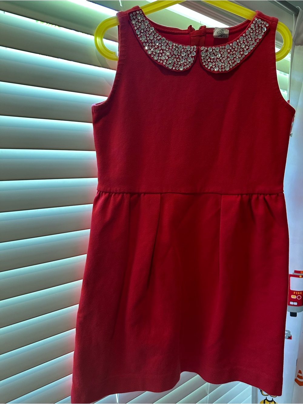 Girls Red Sleeveless Dress with Jeweled Peter Pan Collar